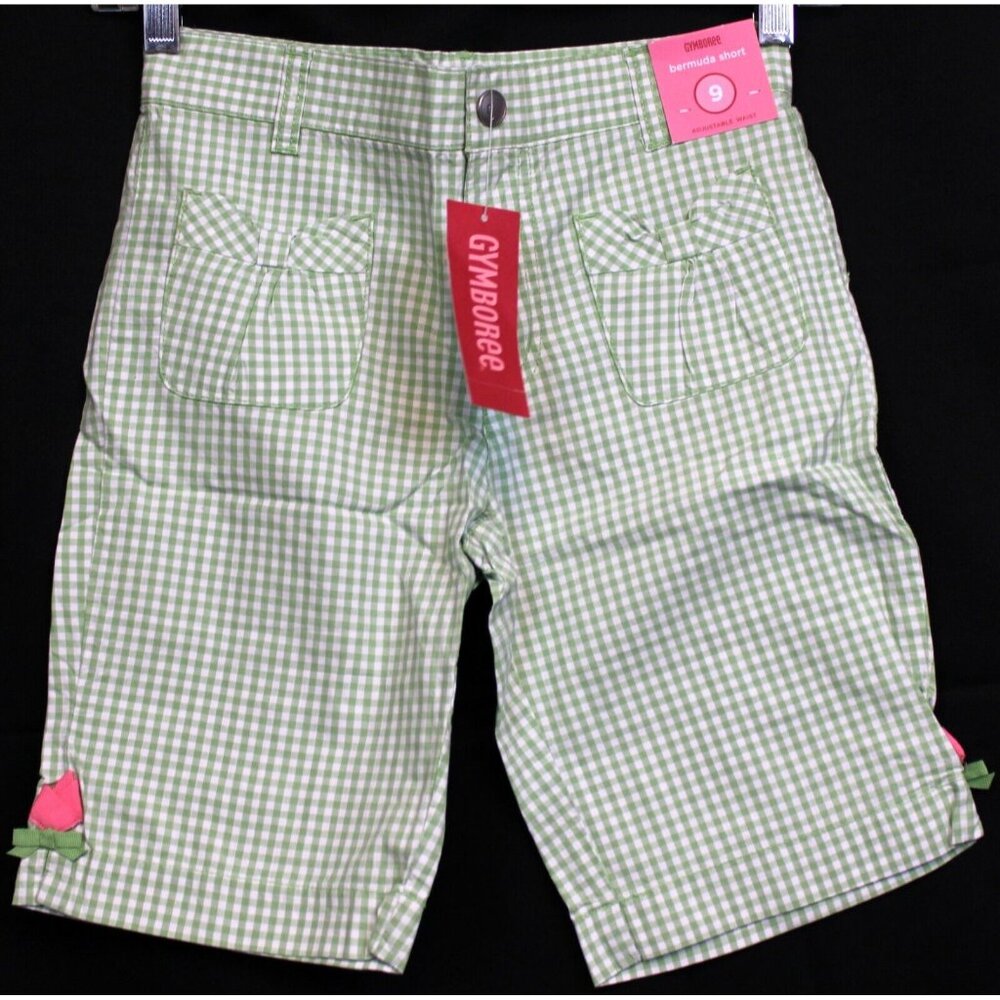 NWT 2010 Gymboree Tulip Garden Bermuda Shorts sz 9 Green Gingham Bow Pockets